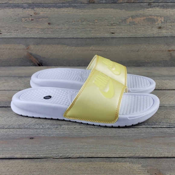 NEW Nike Benassi JDI Slides Sandals Yellow/White - Picture 2 of 8